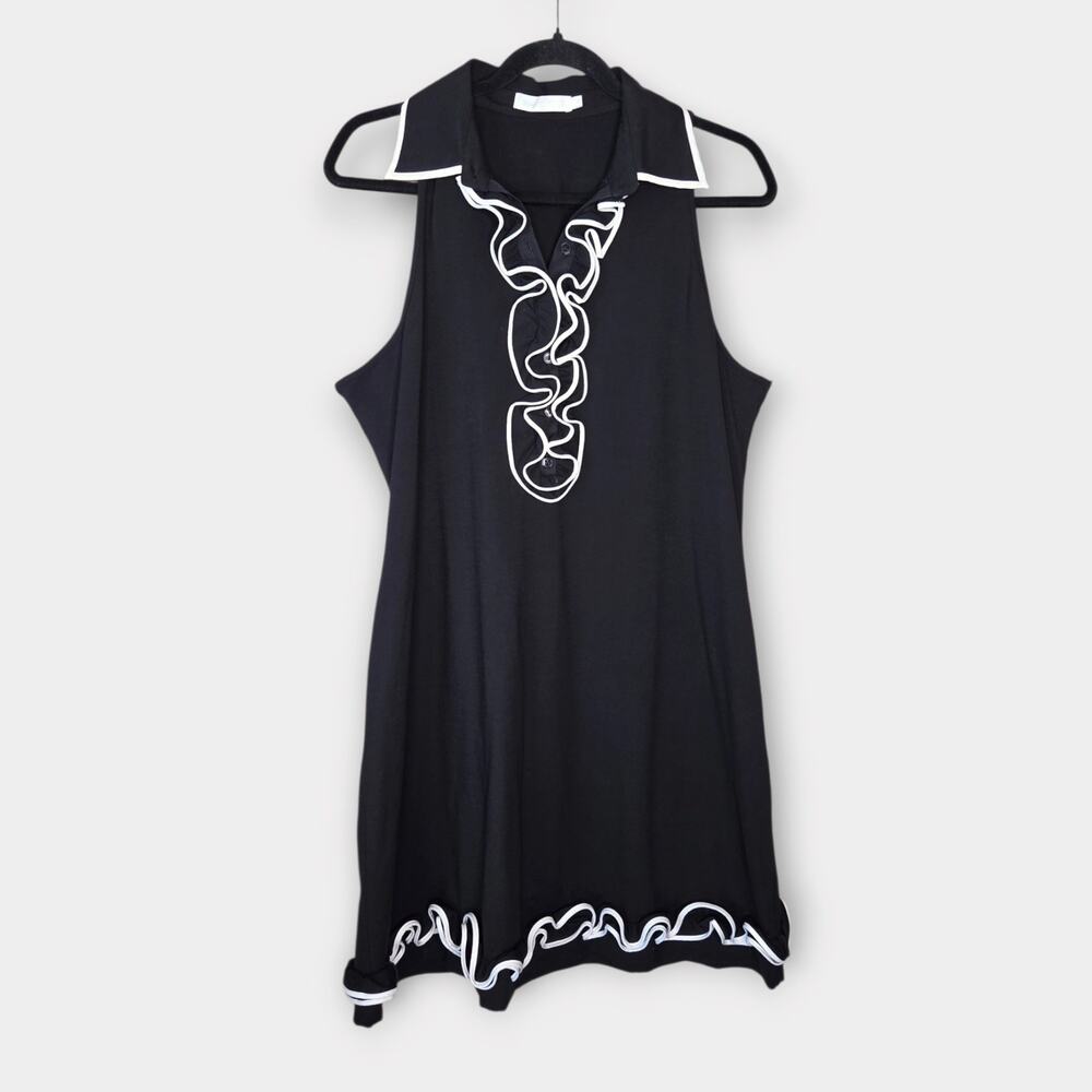 Anne Fontaine Rosemay Black Ruffle Neck Dress White Trim Women's XL